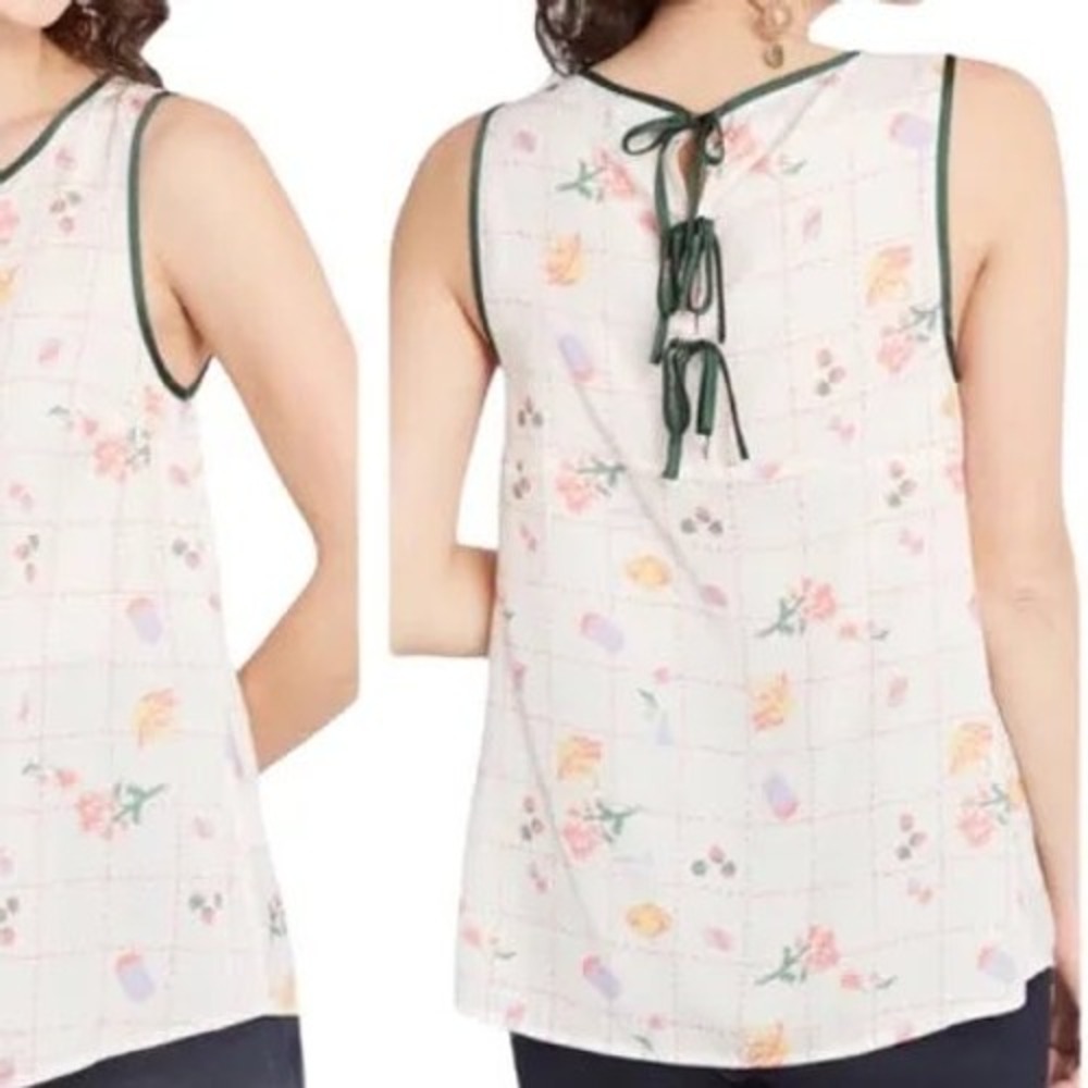 ModCloth Sleeveless Blouse Cream Picnic Print Tie Back EUC Girlcore Novelty  L